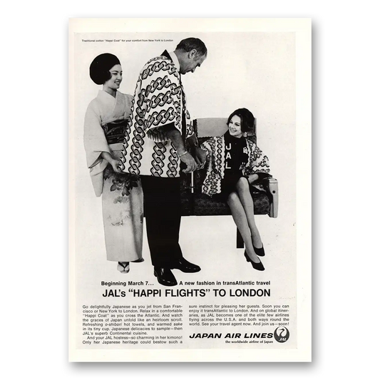 1967 Japan Air Lines Happi Flights to London Vintage Magazine Print Ad