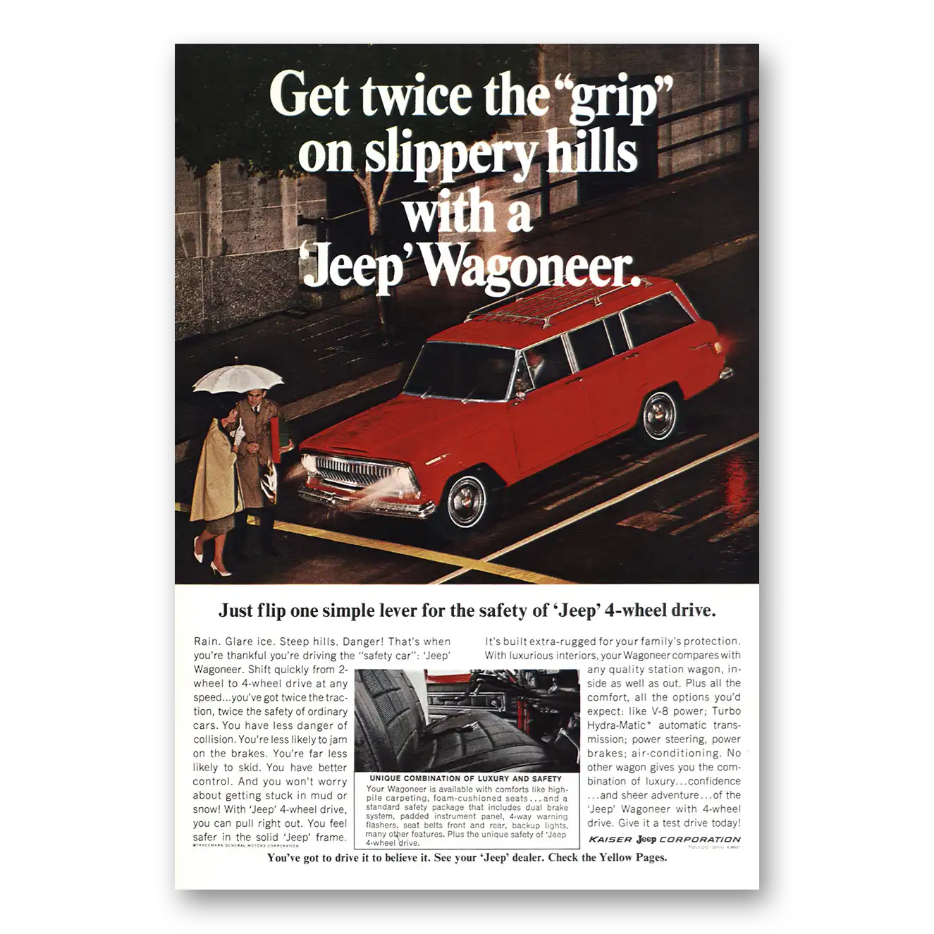 1967 Jeep Wagoneer Twice the Grip on Slippery Hills Vintage Magazine Print Ad