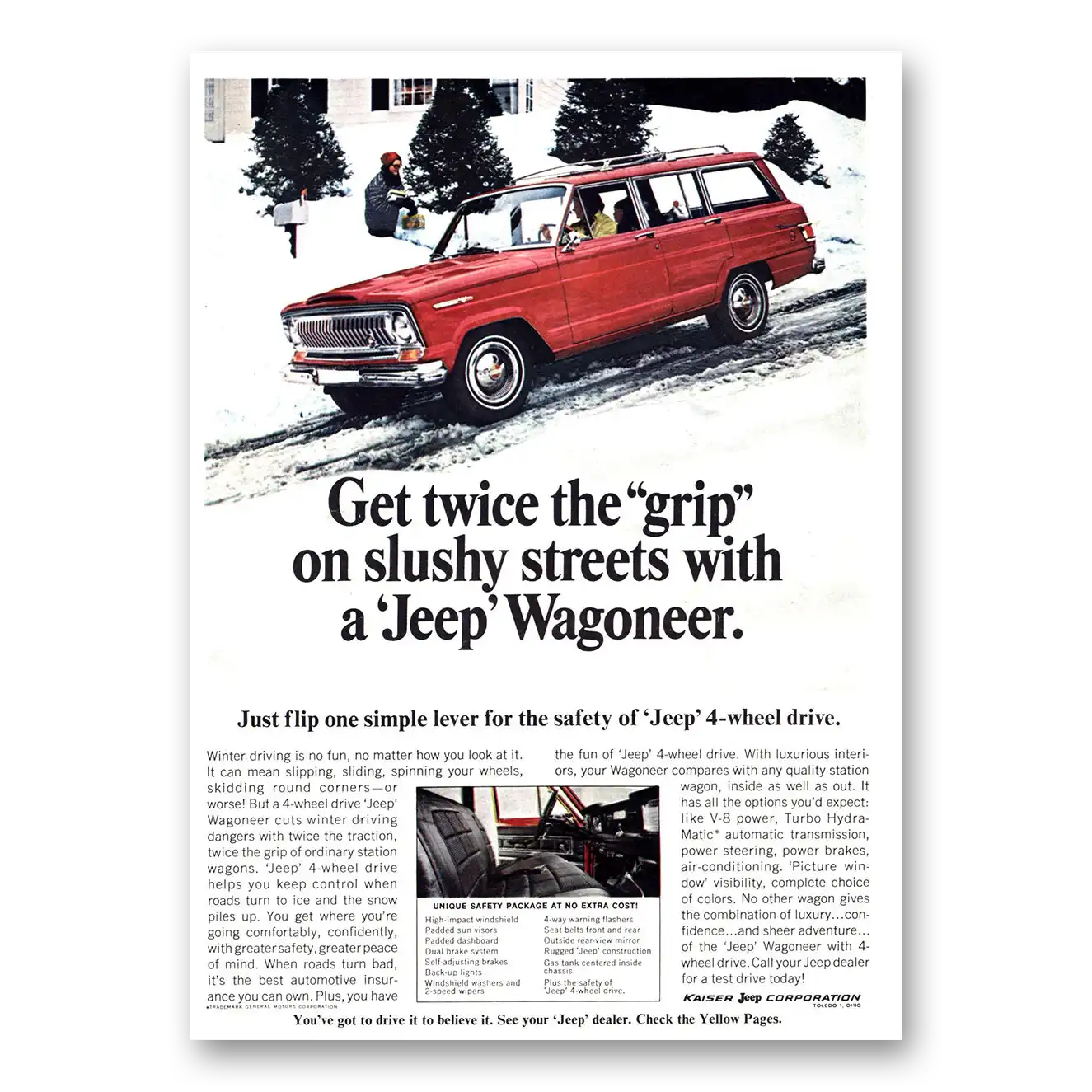 1967 Jeep Wagoneer Get Twice the Grip On Slushy Streets Vintage Magazine Print Ad