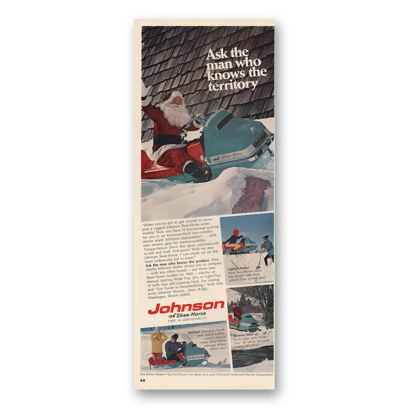 1967 Skee Horse Snowmobiles Man Who Knows Territory Santa Vintage Magazine Print Ad