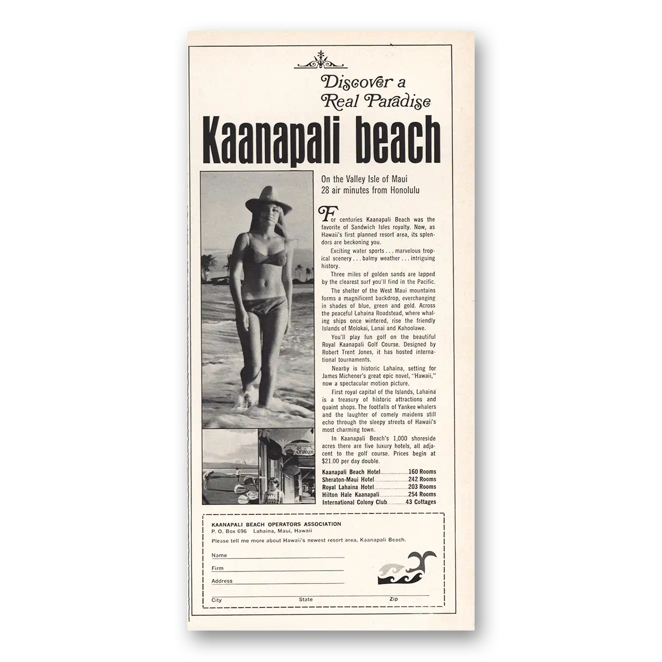 1967 Kaanapali Beach Real Paradise Vintage Magazine Print Ad