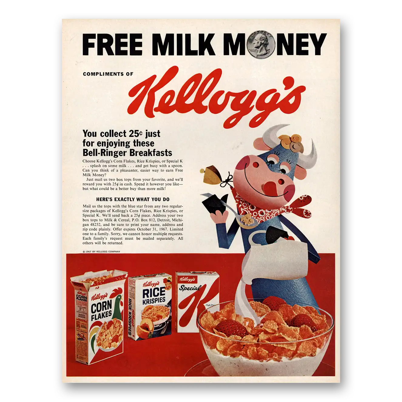 1967 Kelloggs Cereals Free Milk Money Bell Ringer Breakfasts Vintage Magazine Print Ad