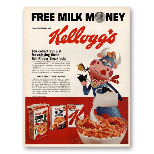 1967 Kelloggs Cereals Free Milk Money Bell Ringer Breakfasts Vintage Magazine Print Ad