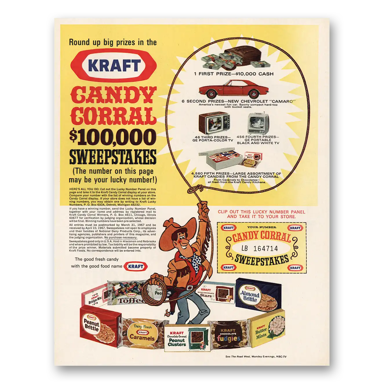 1967 Kraft Candy Corral Sweepstakes Round Up Big Prizes Vintage Magazine Print Ad