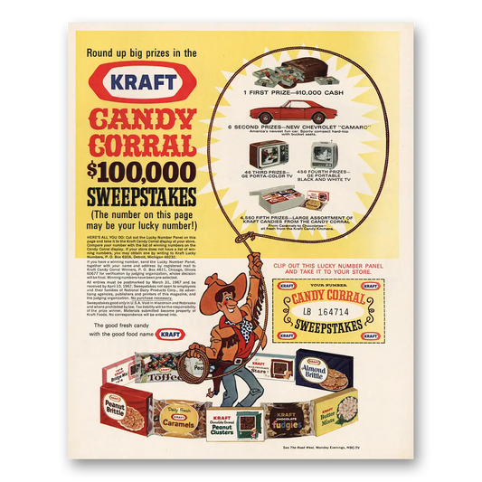 1967 Kraft Candy Corral Sweepstakes Round Up Big Prizes Vintage Magazine Print Ad