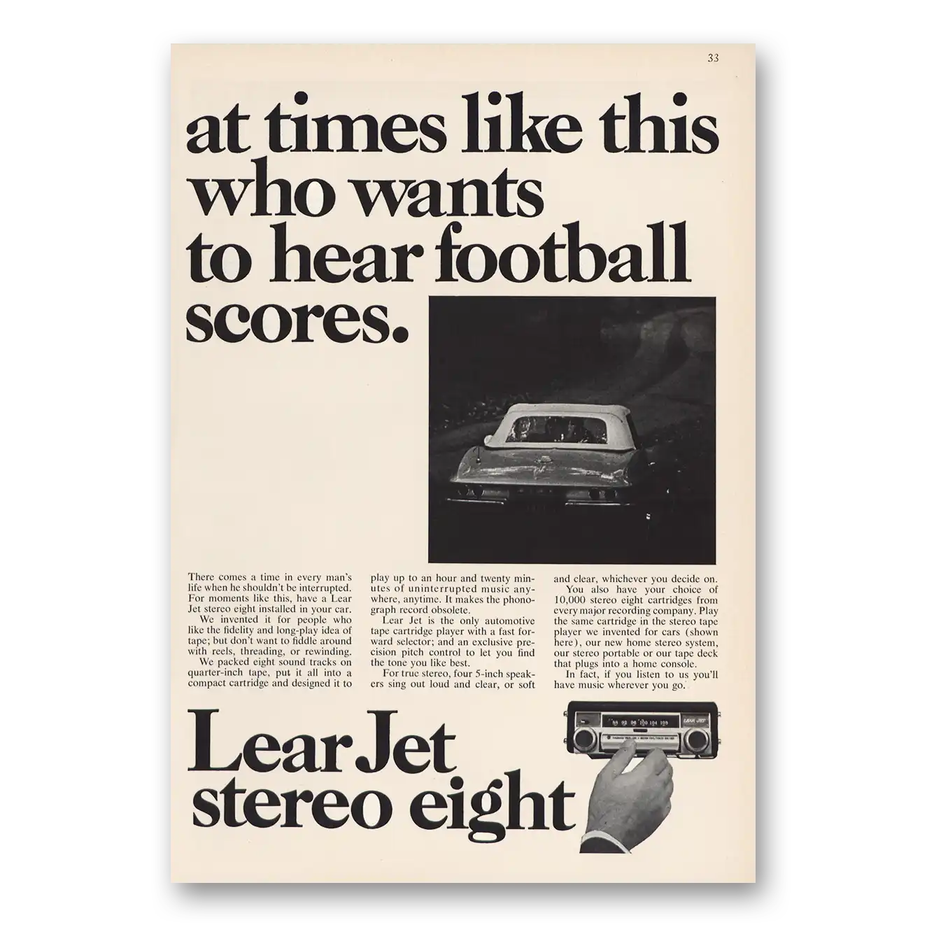 1967 Lear Jet Stereo Who Wants to Hear Football Scores Vintage Magazine Print Ad