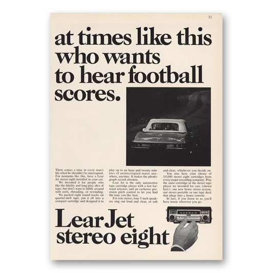 1967 Lear Jet Stereo Who Wants to Hear Football Scores Vintage Magazine Print Ad