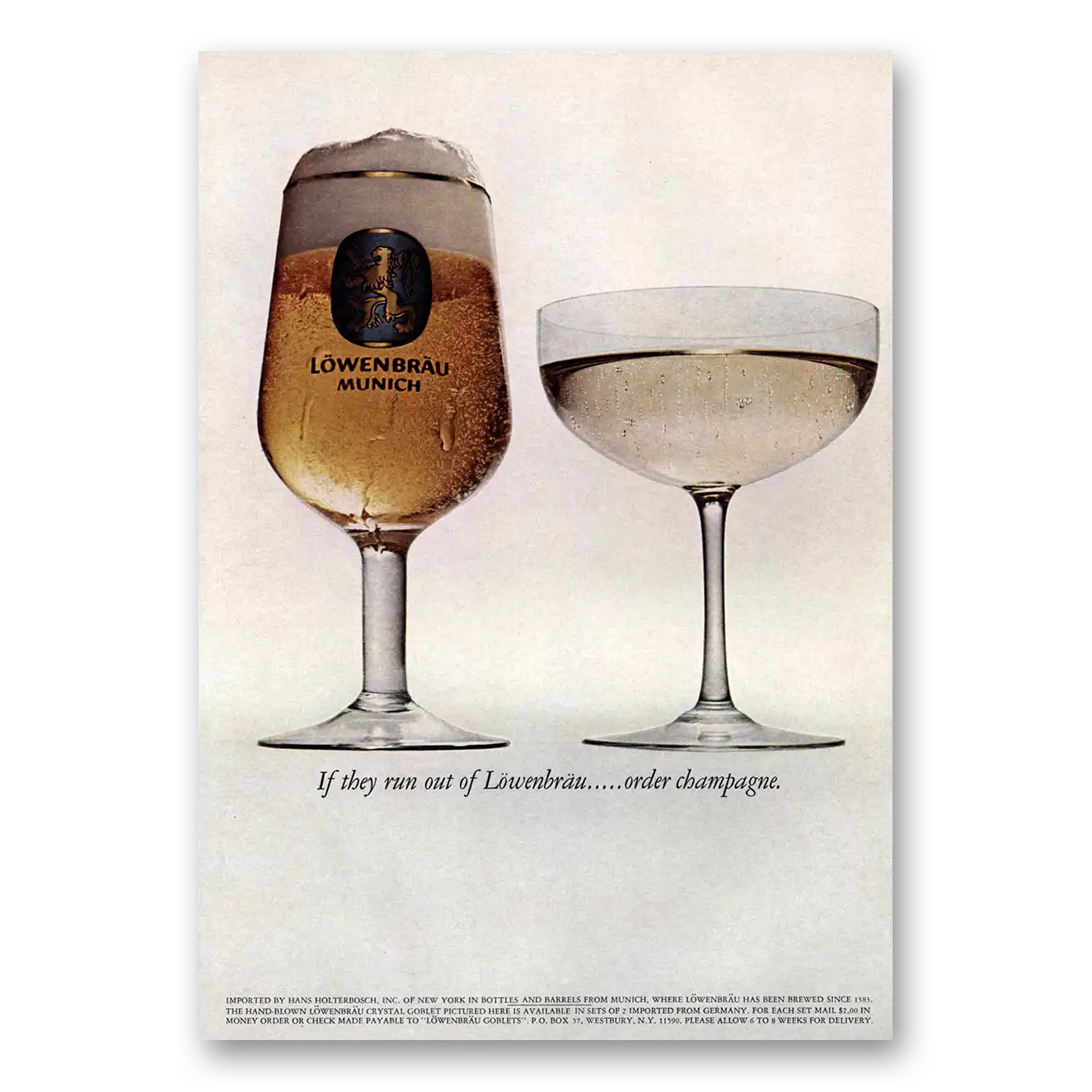 1967 Lowenbrau Beer Run Out Order Champagne Vintage Magazine Print Ad