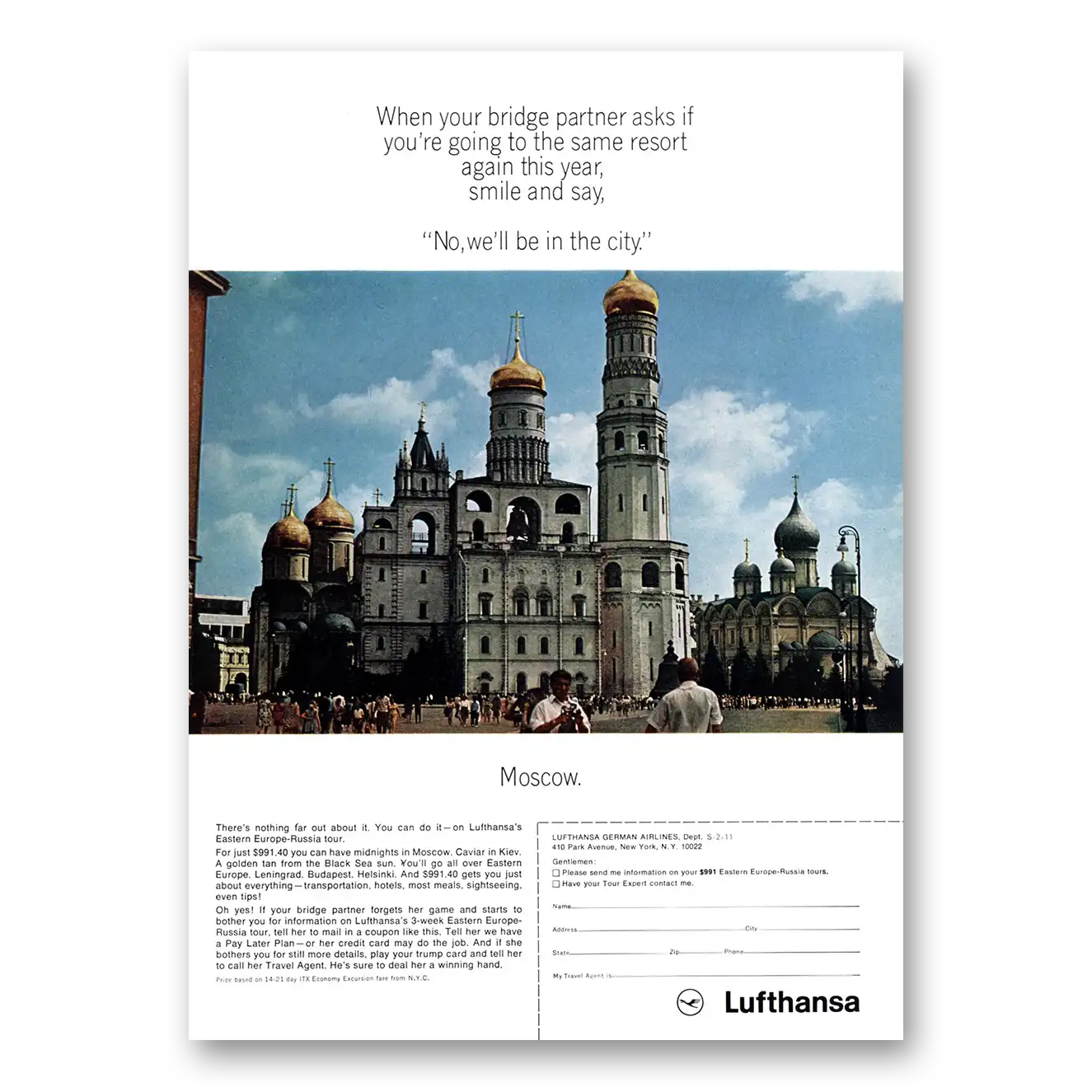 1967 Lufthansa German Airlines When Your Bridge Partner Asks Moscow Vintage Magazine Print Ad