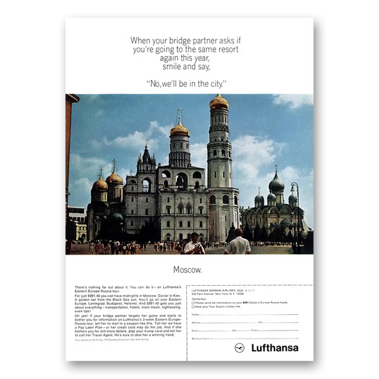 1967 Lufthansa German Airlines When Your Bridge Partner Asks Moscow Vintage Magazine Print Ad