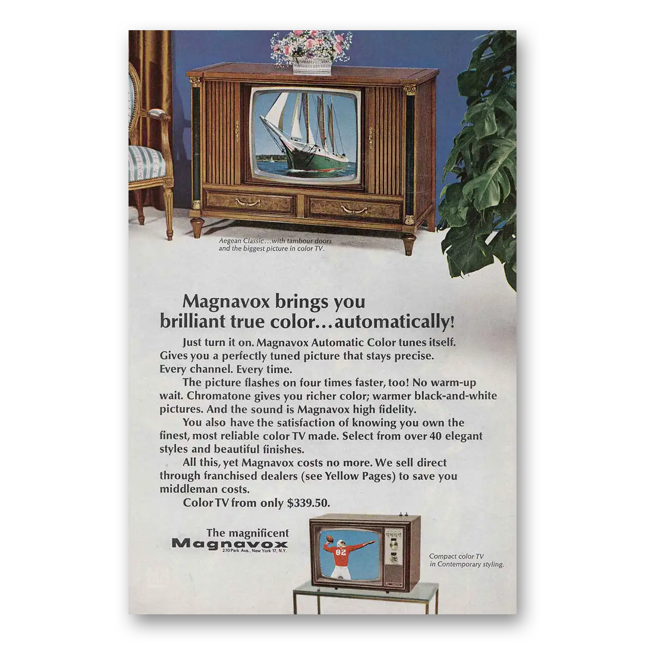 1967 Magnavox Color Television Aegean Classic Boat Vintage Magazine Print Ad