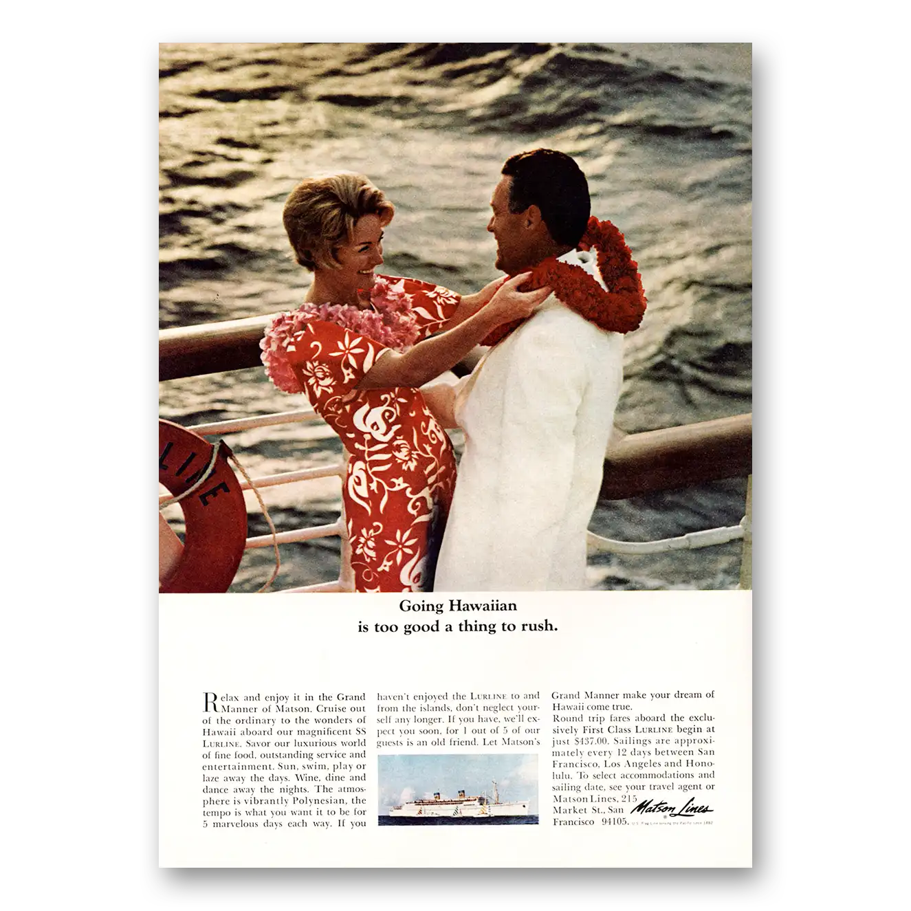 1967 Matson Line Going Hawaiian Too Good a Thing to Rush Vintage Magazine Print Ad