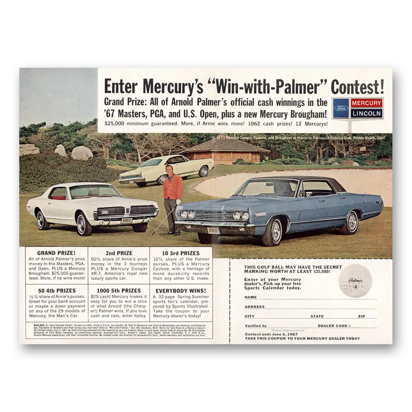 1967 Mercury Brougham Win Arnold Palmers Prize Money Vintage Magazine Print Ad