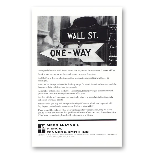 1967 Merrill Lynch Wall St One Way Vintage Magazine Print Ad