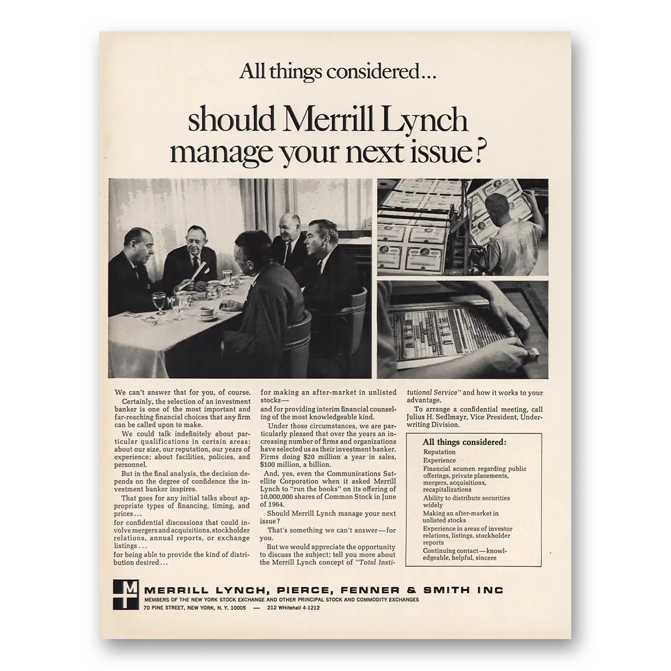 1967 Merrill Lynch Manage Your Next Issue Vintage Magazine Print Ad