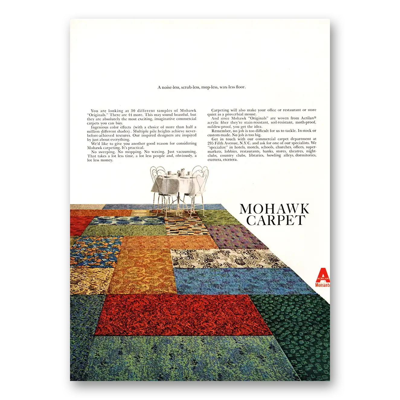 1967 Mohawk Carpet Mills Noise Less Scrub Less Vintage Magazine Print Ad