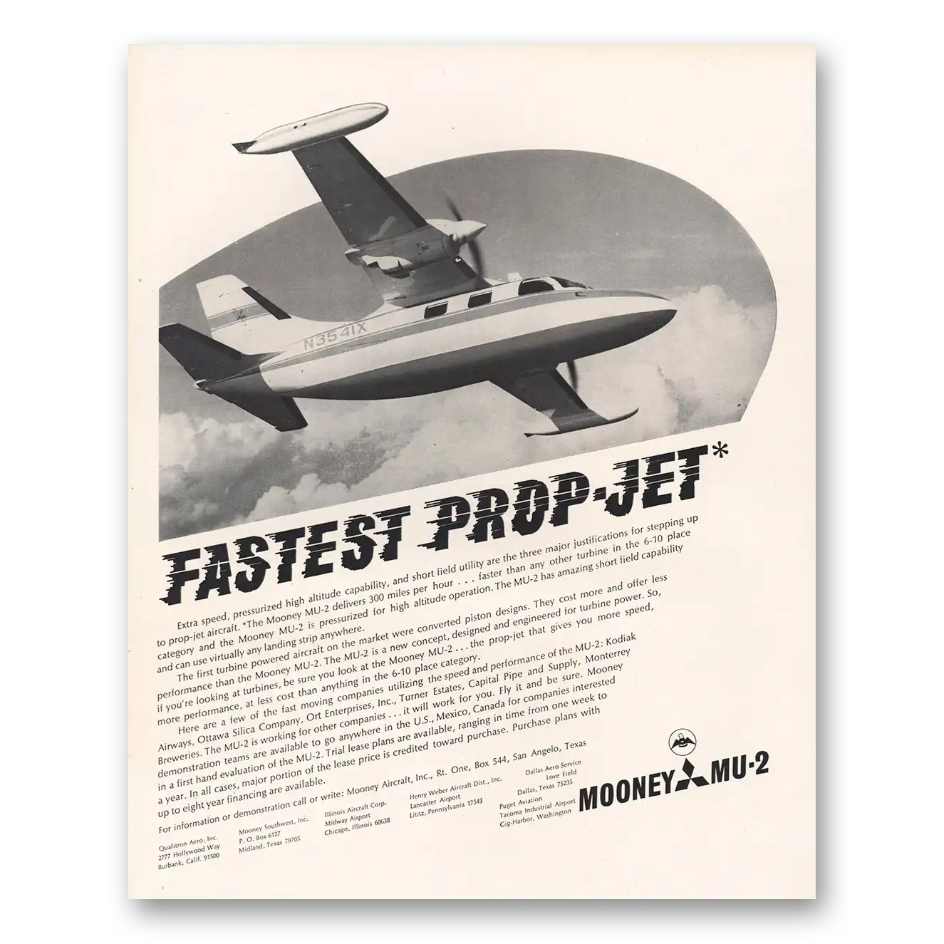 1967 Mooney Aircraft MU2 Fastest Prop Jet Vintage Magazine Print Ad