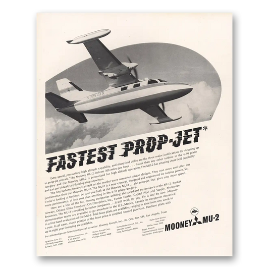 1967 Mooney Aircraft MU2 Fastest Prop Jet Vintage Magazine Print Ad