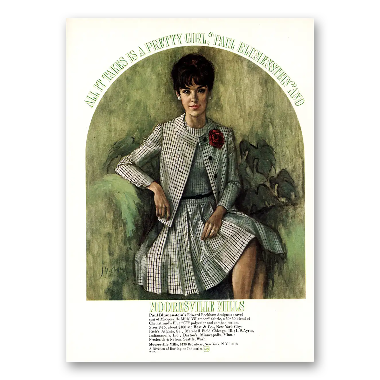 1967 Mooresville Mills Fashion All It Takes Is a Pretty Girl Vintage Magazine Print Ad