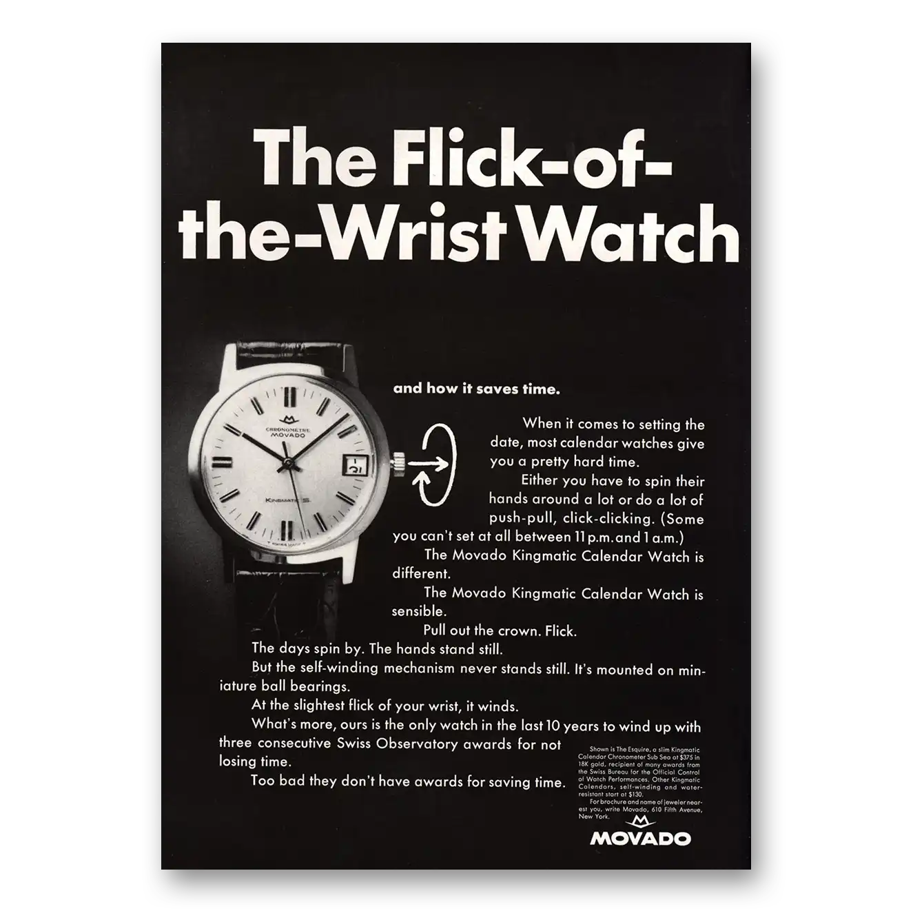 1967 Movado Watch Flick of the Wrist Watch Vintage Magazine Print Ad