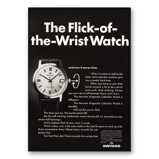 1967 Movado Watch Flick of the Wrist Watch Vintage Magazine Print Ad