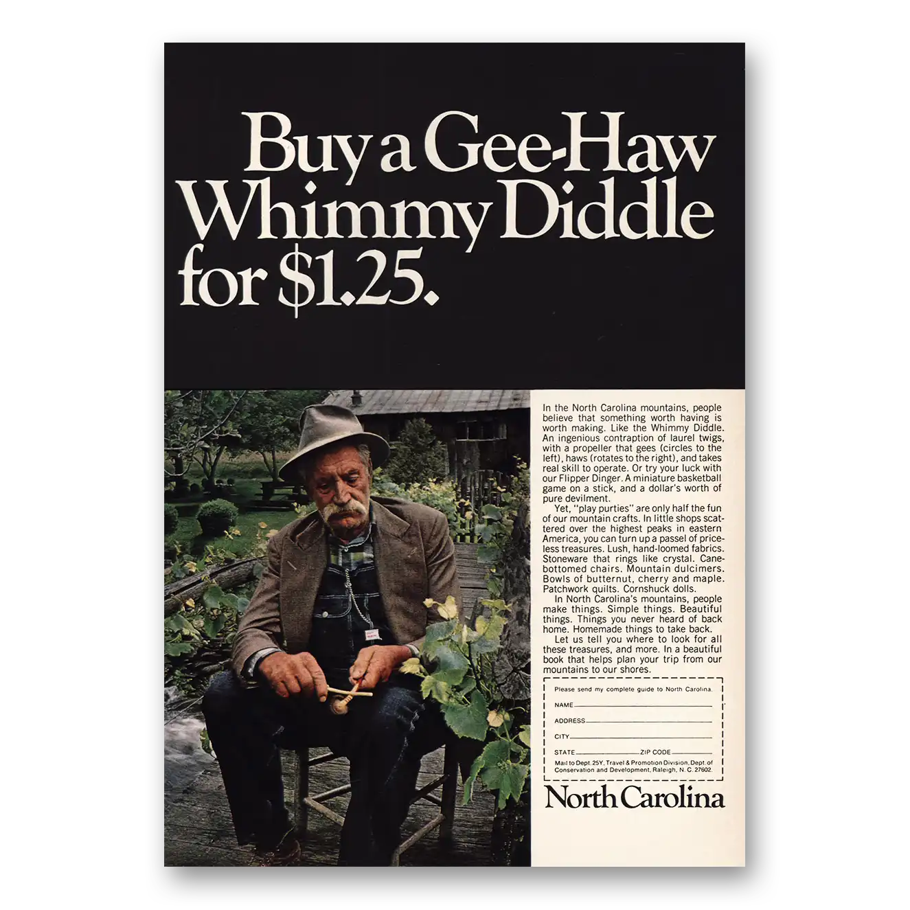 1967 North Carolina Gee Haw Whimmy Diddle Vintage Magazine Print Ad