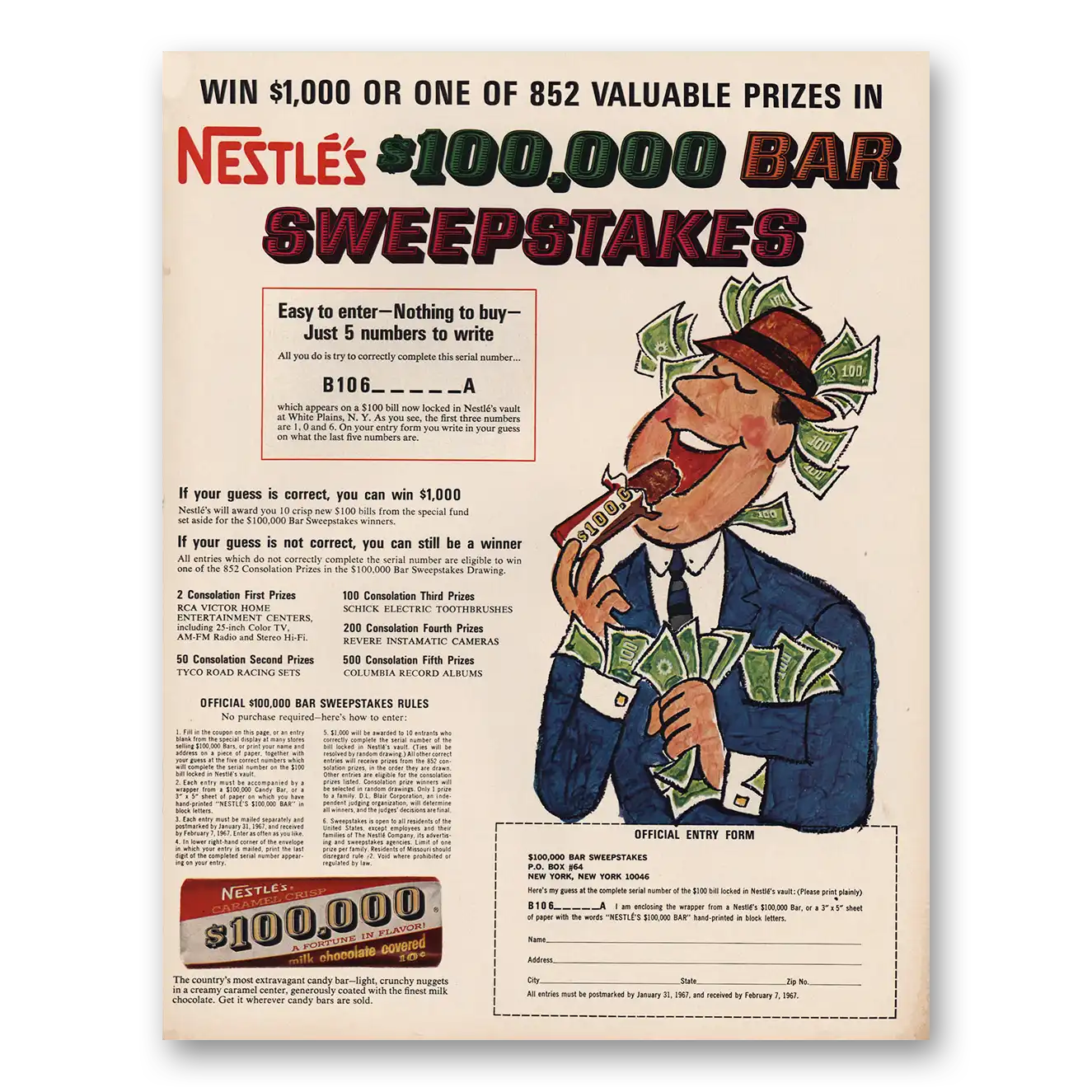 1967 Nestle 100000 Bar Sweepstakes Vintage Magazine Print Ad