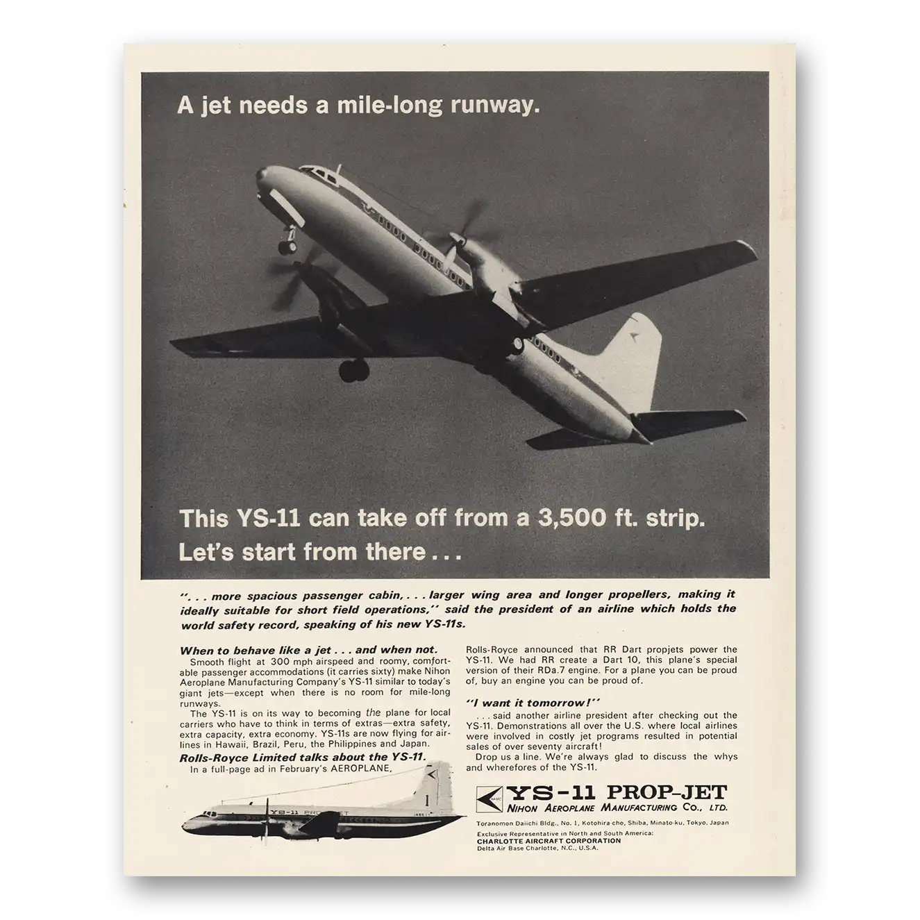 1967 Ninon Aeroplane YS11 Prop Jet Vintage Magazine Print Ad