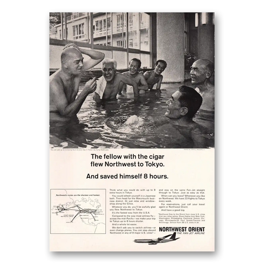 1967 Northwest Orient Airlines Fellow With the Cigar Tokyo Vintage Magazine Print Ad