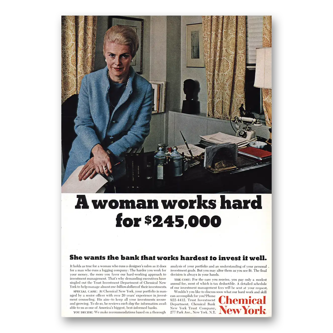 1967 Chemical New York Woman Works Hard Vintage Magazine Print Ad