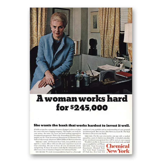 1967 Chemical New York Woman Works Hard Vintage Magazine Print Ad