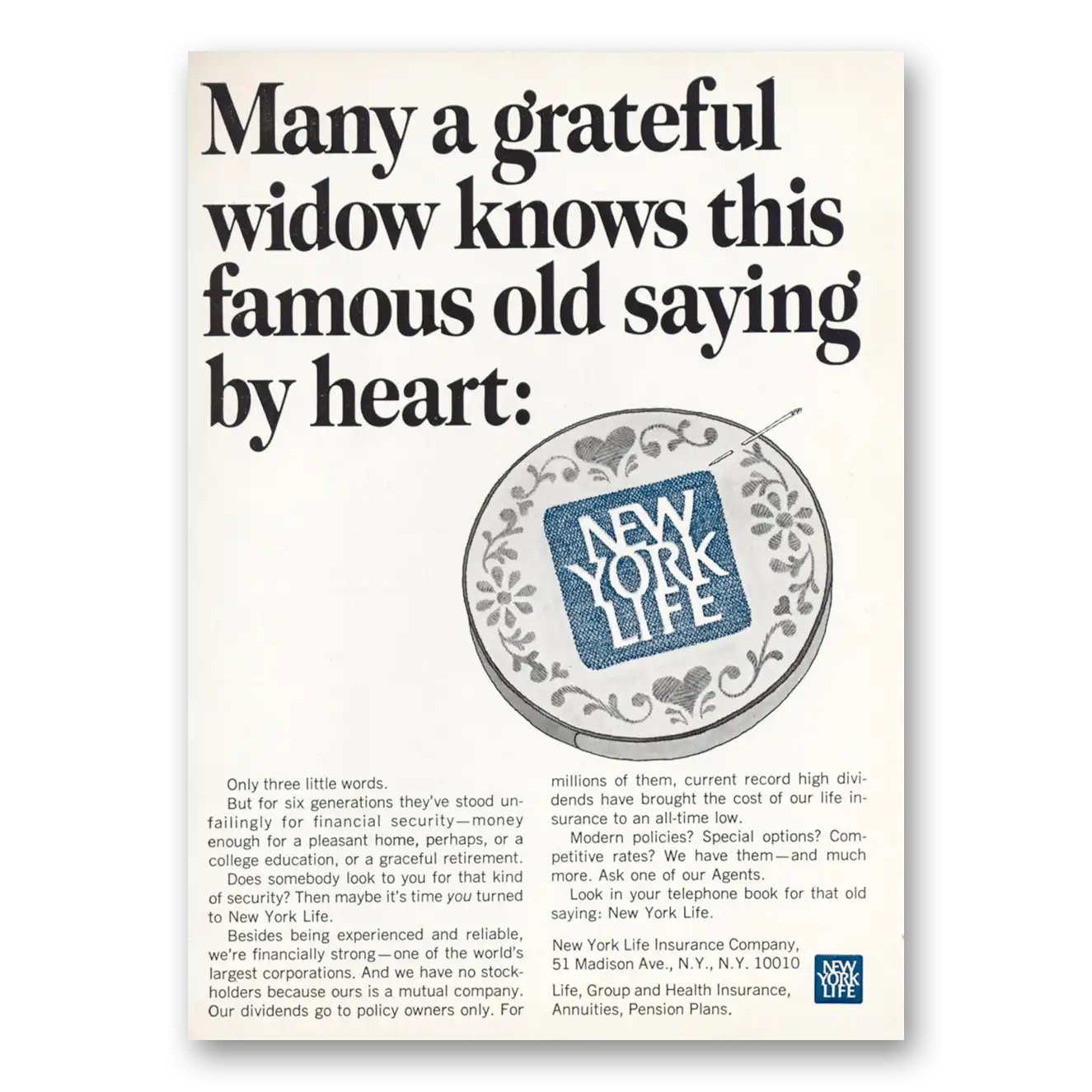 1967 New York Life Insurance Life Many a Grateful Widow Vintage Magazine Print Ad