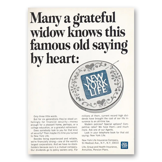 1967 New York Life Insurance Life Many a Grateful Widow Vintage Magazine Print Ad