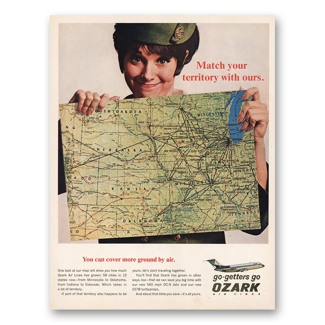 1967 Ozark Airlines Match Your Territory With Ours Vintage Magazine Print Ad