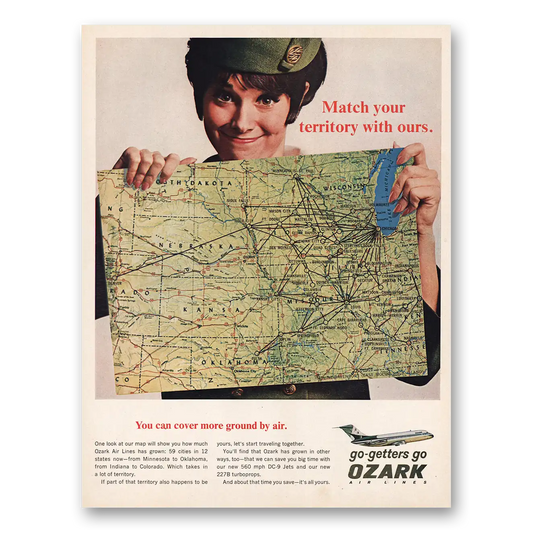 1967 Ozark Airlines Match Your Territory With Ours Vintage Magazine Print Ad