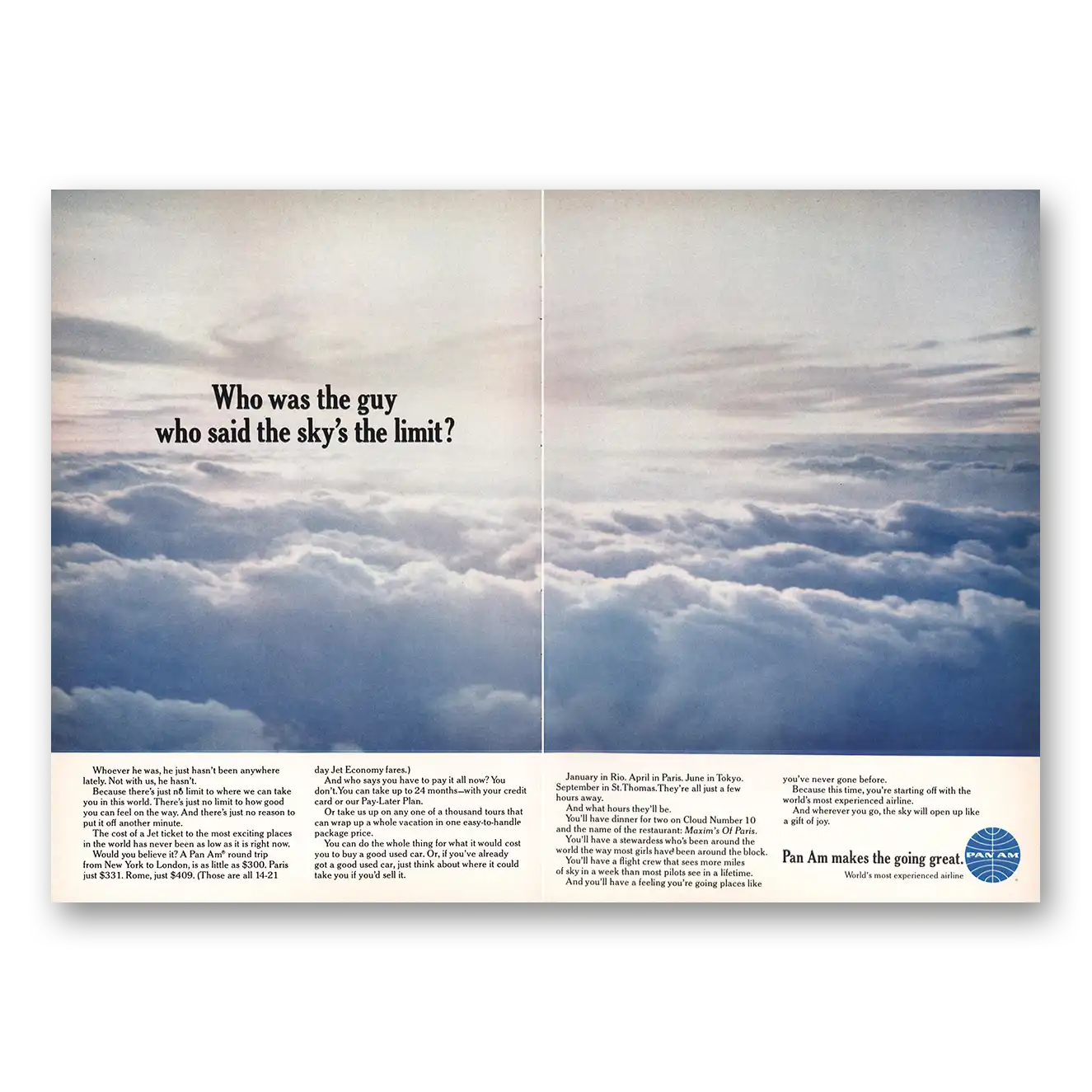 1967 Pan Am Guy Who Said Skys the Limit Vintage Magazine Print Ad