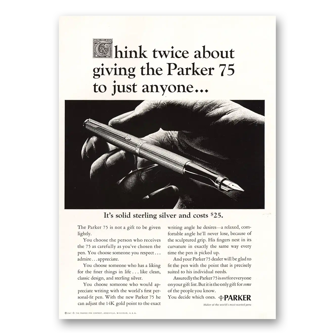 1967 Parker 75 Pen Think Twice Vintage Magazine Print Ad