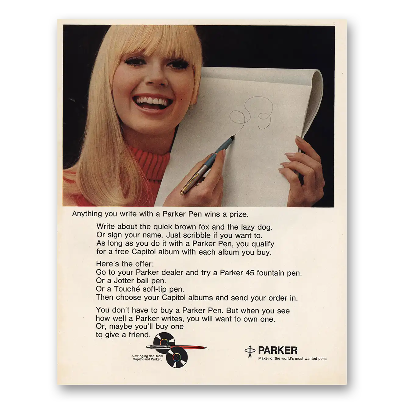 1967 Parker Jotter Pen Anything You Write With Parker Wins a Prize Vintage Magazine Print Ad