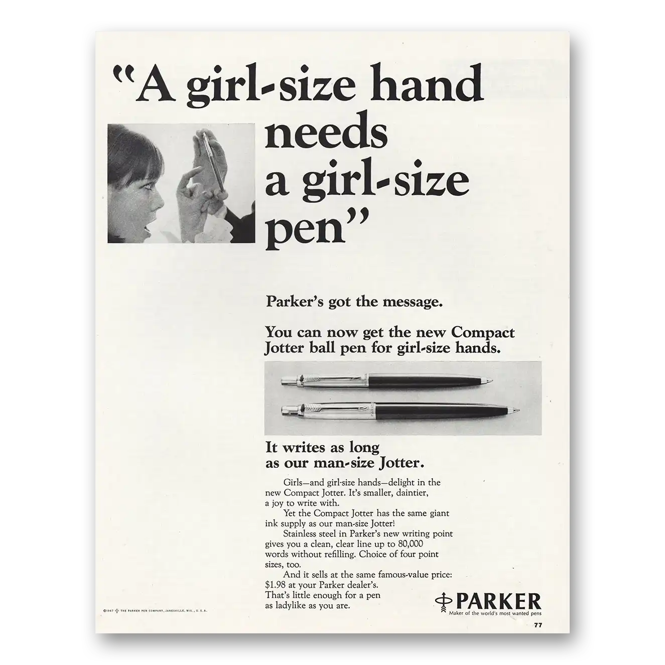 1967 Parker Pens Girl Size Hand Needs Girl Size Vintage Magazine Print Ad