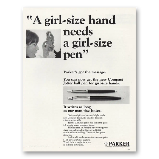 1967 Parker Pens Girl Size Hand Needs Girl Size Vintage Magazine Print Ad