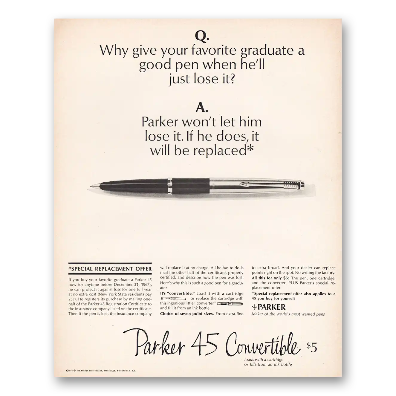 1967 Parker 45 Pen Favorite Graduate Vintage Magazine Print Ad