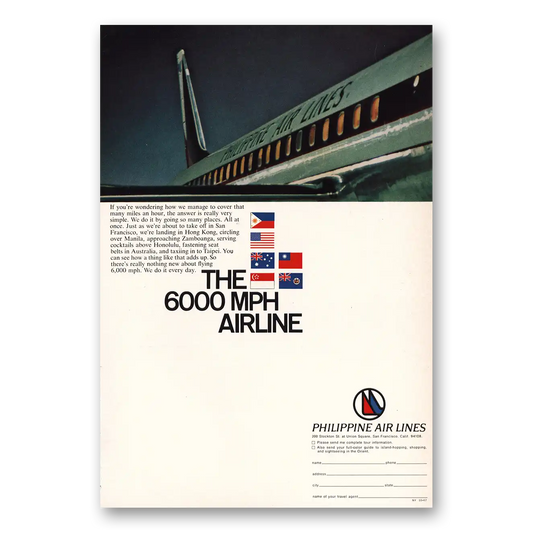 1967 Philippine Airlines The 6000 MPH Airline Vintage Magazine Print Ad