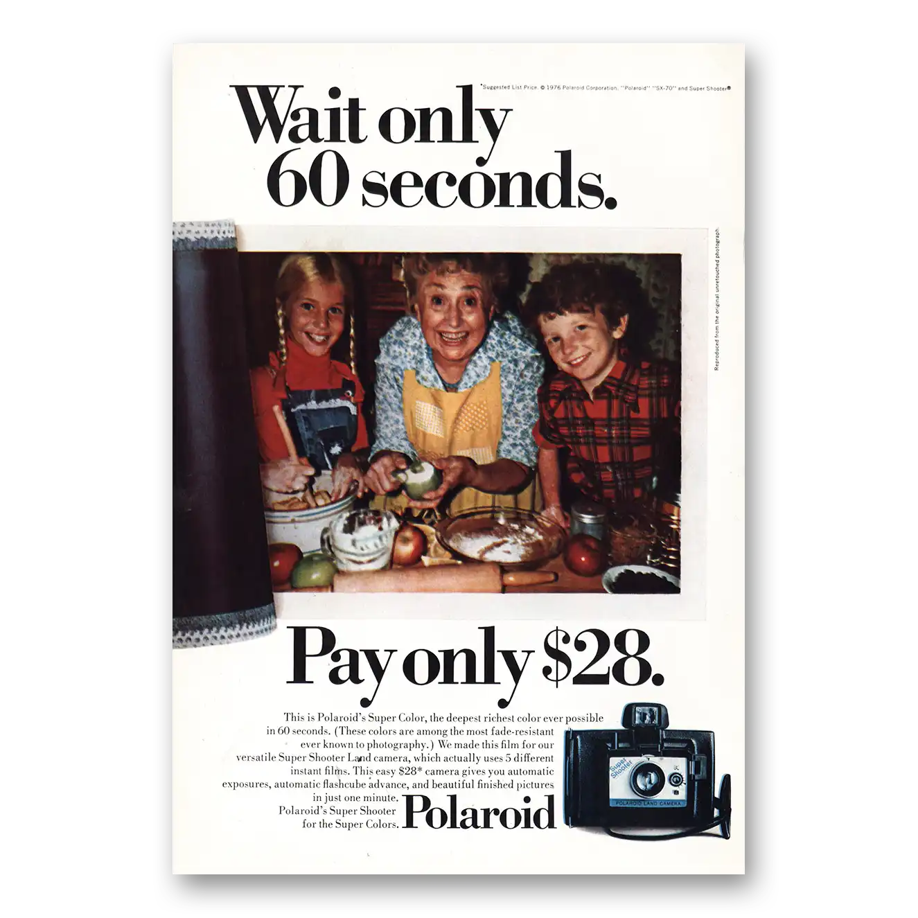 1976 Polaroid Super Shooter Wait Only 60 Seconds Vintage Magazine Print Ad