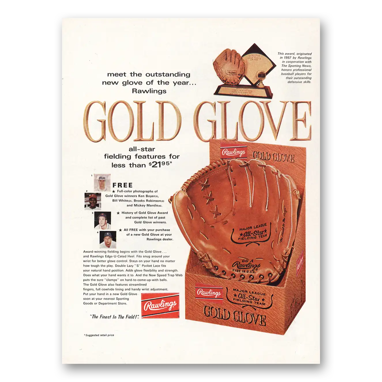 1967 Rawlings Gold Glove Outstanding New Glove Vintage Magazine Print Ad