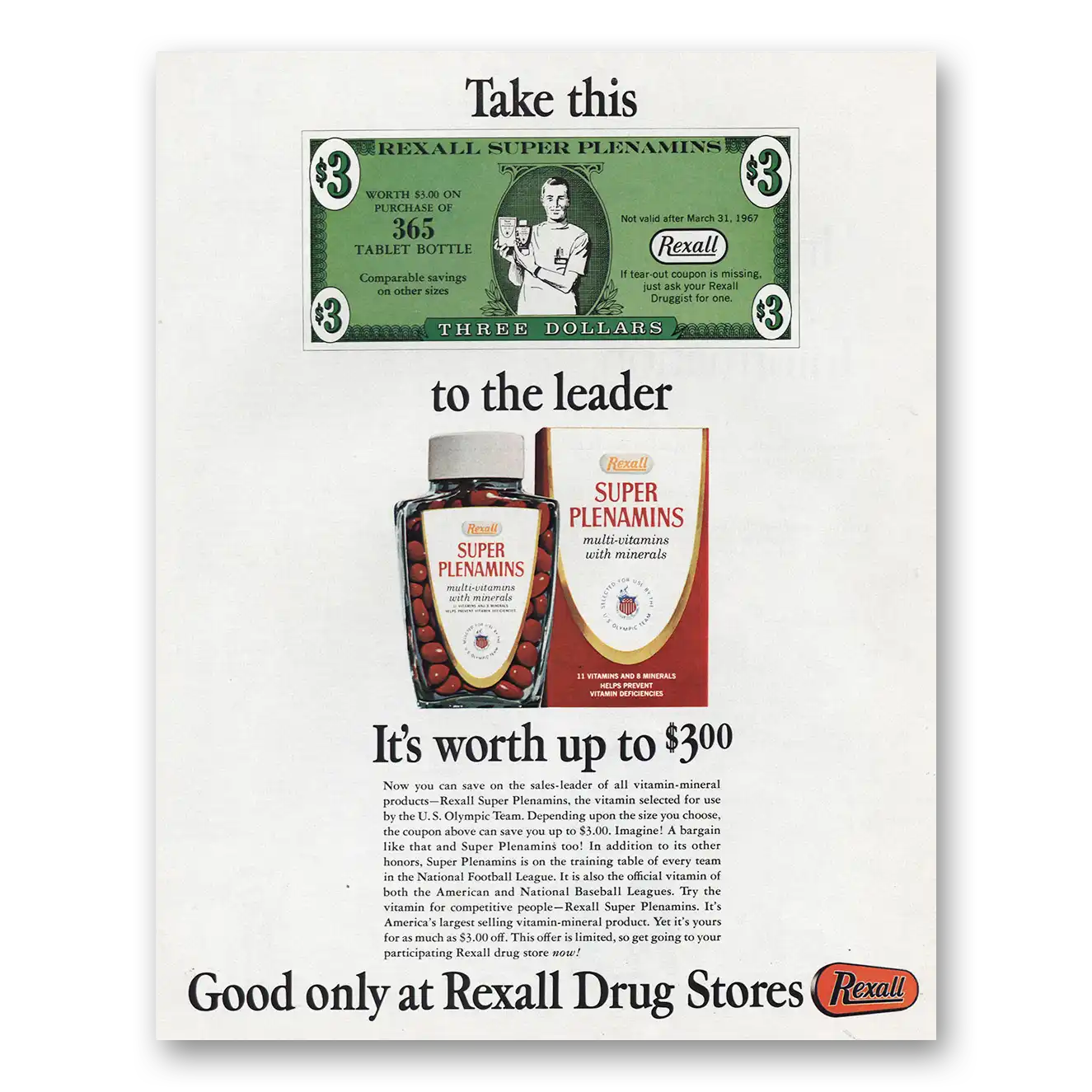 1967 Rexall Drug Stores Take This to the Leader Vintage Magazine Print Ad