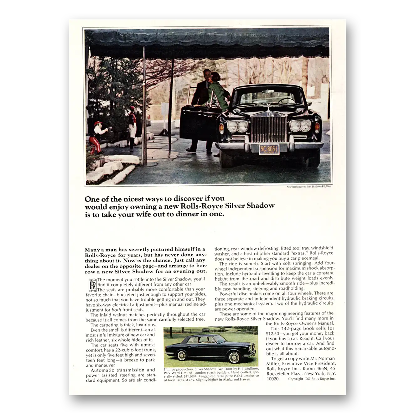 1967 Rolls Royce Silver Shadow Take Your Wife Out to Dinner Vintage Magazine Print Ad