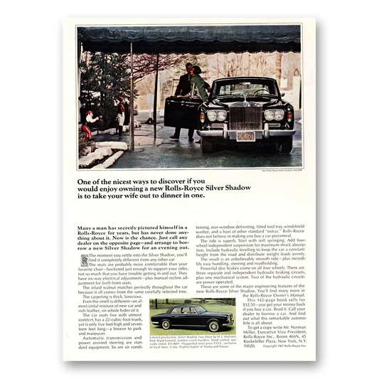 1967 Rolls Royce Silver Shadow Take Your Wife Out to Dinner Vintage Magazine Print Ad