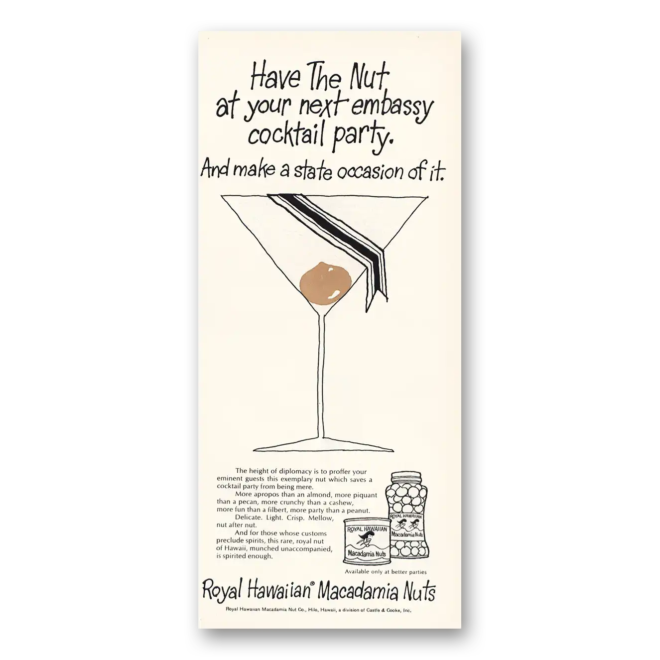 1967 Royal Hawaiian Macadamia Nuts Embassy Cocktail Party Vintage Magazine Print Ad