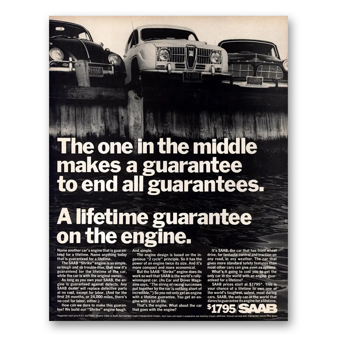 1967 Saab One in the Middle Makes a Guarantee Vintage Magazine Print Ad