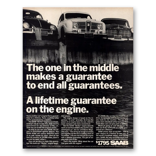 1967 Saab One in the Middle Makes a Guarantee Vintage Magazine Print Ad